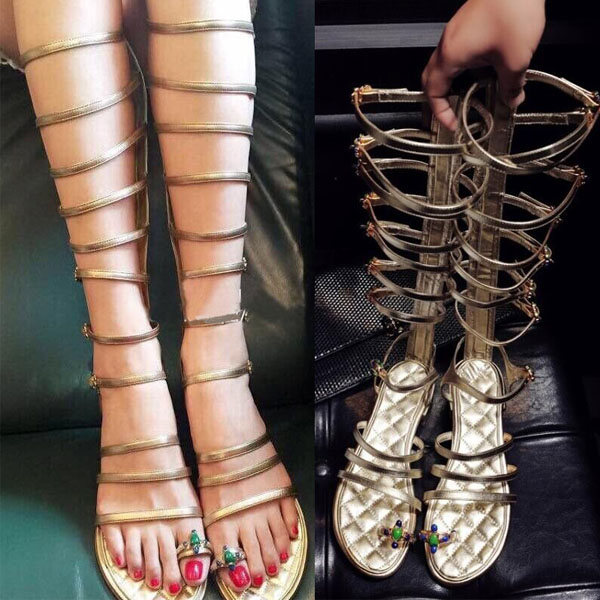 5Cgo 527444655750 歐洲站交叉綁帶涼鞋女真皮羅馬鞋平底水鑽夾趾涼靴潮靴  长款  GSX85200