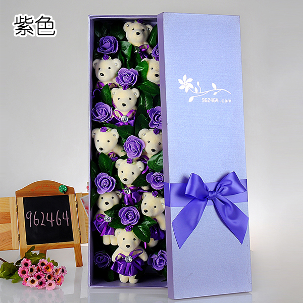 5Cgo 43689428916 小熊花束卡通玫瑰七夕情人節創意仿真花禮物送朋友送閨蜜+木禮盒LYP02100