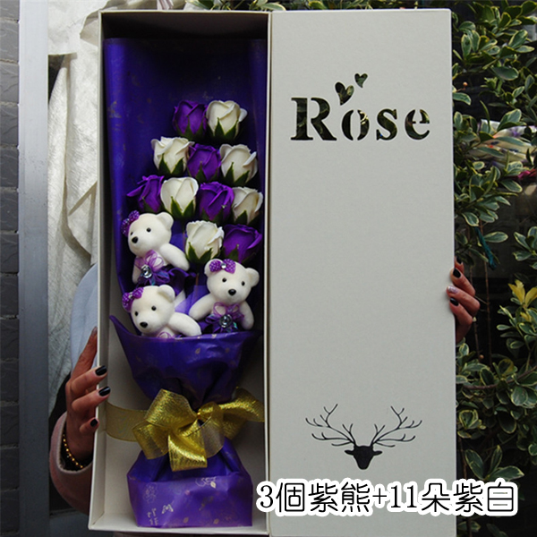 5Cgo 524665083183 情人節禮物高端小熊花束公仔香皂花玫瑰花送朋友11朵+禮盒LYP96000