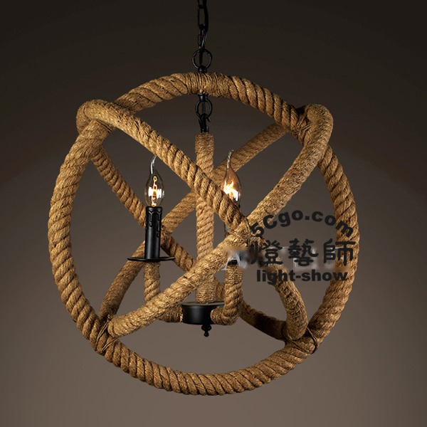 5Cgo 45223894834 北歐美式鄉村吊燈咖啡廳酒吧燈具庭院創意餐廳客廳燈麻繩球形吊燈E14 三頭 直徑75cm SHM88900