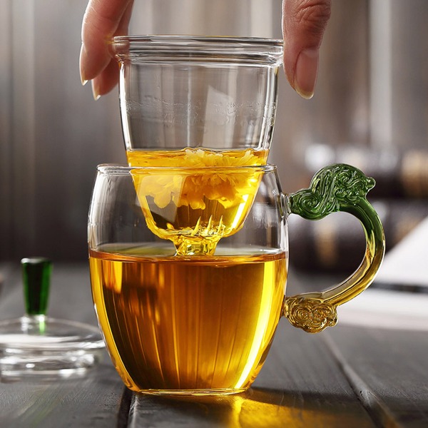 5Cgo 16211671188 琉璃把手水杯花茶玻璃杯泡茶杯過濾網彩繪玻璃茶杯辦公個人杯含杯蓋三件套 AGL94000