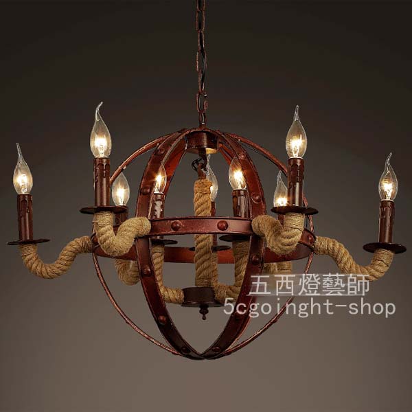 5Cgo 45321478138 loft復古創意個性酒吧臺咖啡廳服裝店燈美式鄉村蠟燭麻繩鐵藝吊燈    LYP99400