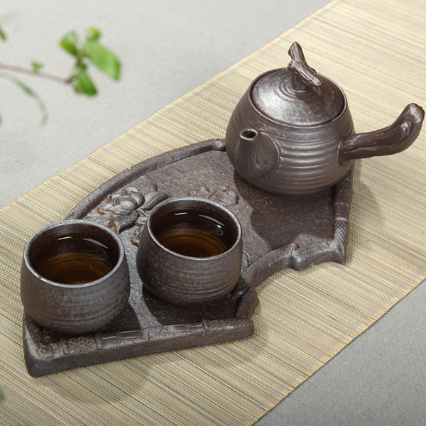 5Cgo 524999841098 高檔黑陶茶具粗陶瓷古陶一壺兩杯配茶盤旅行辦公仿古茶具茶杯茶壺 HZS80100 