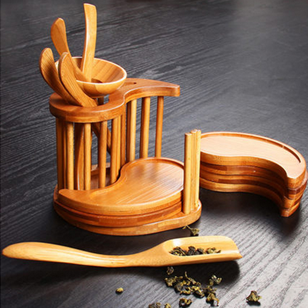 5Cgo 45680357760 功夫茶具配件功夫茶必備天然竹茶道帶杯墊茶道六君子茶針茶夾茶勺 HZS40100