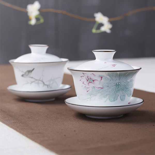 5Cgo 523938906051 景德鎮貼花墨彩脂白三才蓋碗陶瓷功夫茶具單品三才碗敬茶碗泡茶碗 HZS54000