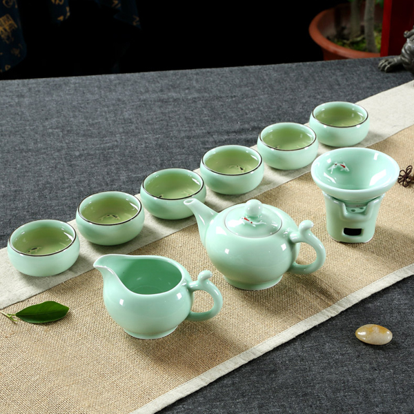 5Cgo 38233105707 龍泉青瓷梅子青功夫茶具立體金魚鯉魚泡茶整套茶具一茶壺一茶海六茶杯一茶漏 HZS51100