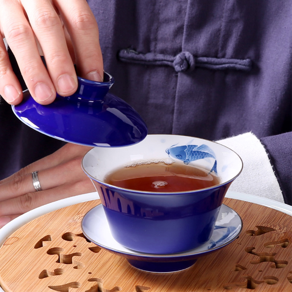 5Cgo 529446286014 景德鎮手繪籃彩魚三才蓋碗陶瓷功夫茶具茶杯敬茶碗泡茶碗 HZS75000