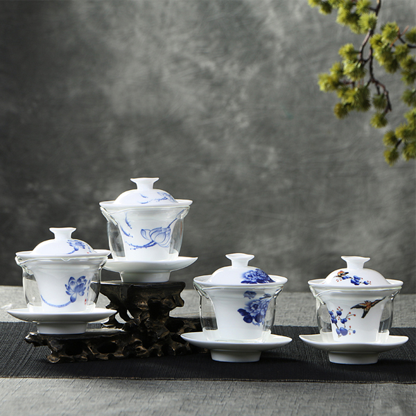 5Cgo 531887200472 茶道陶瓷玻璃三合一功夫茶具蓋碗過濾公杯三才敬茶碗 HZS92000