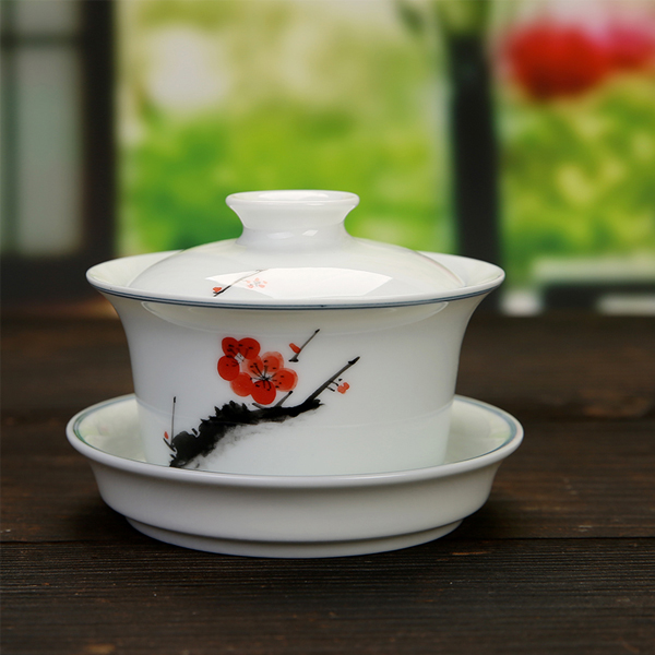 5Cgo 528615169749 手繪荷花蓋碗陶瓷功夫茶具手工白瓷敬茶杯茶備大號泡茶三才碗 HZS54000