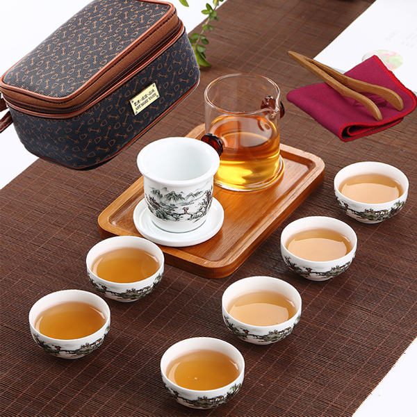 5Cgo 534391864085 迷你戶外陶瓷玻璃旅行茶具小茶盤茶壺品茗杯套裝茶具功夫車載旅行包  HZS67100