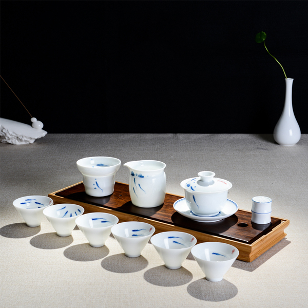 5Cgo 44424276446 漁趣青花白瓷手繪功夫茶具陶瓷蓋碗斗笠茶杯公道杯茶漏整套 HZS86100
