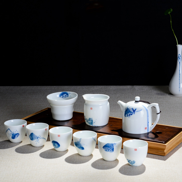 5Cgo 44342667190 墨荷秦權壺白瓷青花手繪家用陶瓷過濾涼水茶壺品茗杯公道杯茶漏套裝 HZS88100