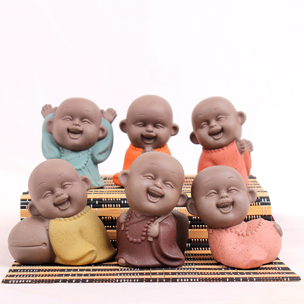 5Cgo 534911943851 紫砂小和尚茶寵茶玩擺件彩陶六度沙彌創意精品手工茶具一組6個 HZS02100