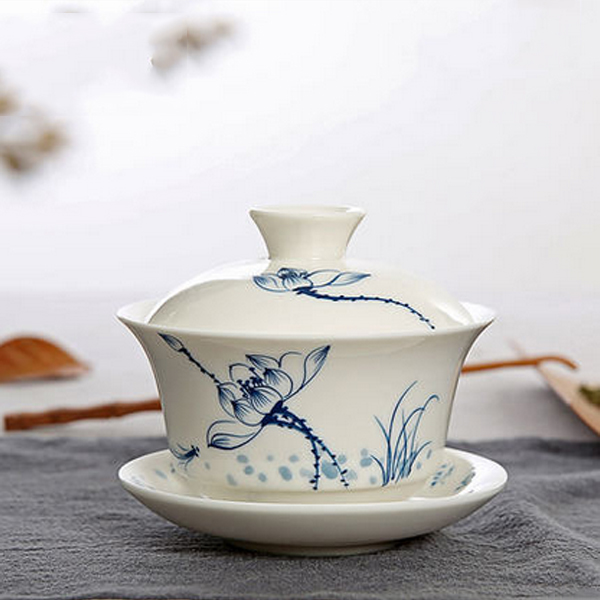 5Cgo 530603678997  手繪青花瓷蓋碗功夫茶具大號陶瓷茶碗三才蓋碗敬茶杯泡茶碗 HZS83000