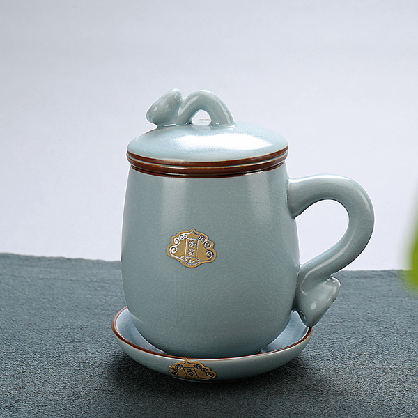 5Cgo 536847006401 汝窯茶杯冰裂個人杯子辦公室茶具帶蓋陶瓷四件套過濾開片主人單杯 HZS88100
