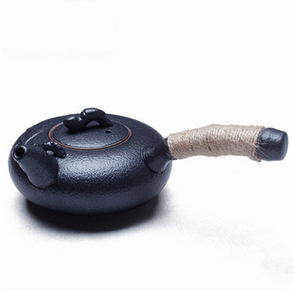 5Cgo 525944941120 黑陶茶壺功夫茶具側把壺陶瓷家用泡茶壺手工麻繩單壺 HZS811000