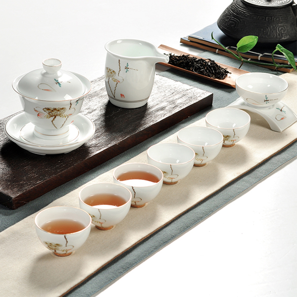 5Cgo 538454805806 白瓷手繪釉下彩荷花蓋碗茶漏品茗杯功夫茶具套裝禮盒套裝 HZS88100