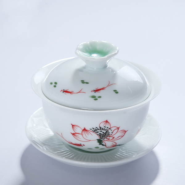 5Cgo 527748124042 手繪大號蓋碗茶碗功夫茶具茶杯陶瓷三才碗杯子耐熱純白衝茶器  HZS66000
