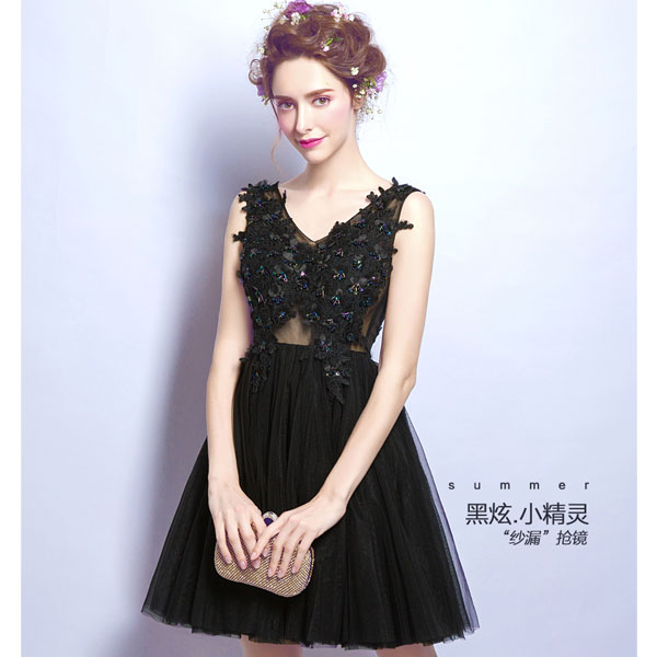 5Cgo 541325184856 天使嫁衣黑色蕾絲花朵晚宴年會日常短款婚紗小禮服新娘伴娘婚紗禮服  GSX98100