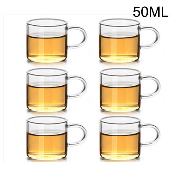 5Cgo 525282557302 加厚花茶杯玻璃茶杯品茗杯功夫小茶杯耐热带把透明玻璃杯子把手 50ML六個杯 AGL03000