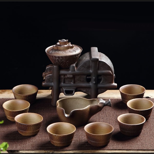 5Cgo 537508914290 時來運轉石磨復古半自動茶具套裝懶人防燙功夫泡茶器茶壺茶海杯柴燒黃金滿倉元寶AGL33100  