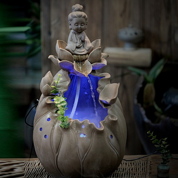 5Cgo 544675423009 佛教陶瓷客廳招財風水輪流水噴泉蓮花荷葉水盆魚缸盆景加濕器水景擺件觀音沙彌菩提 高53CM AGL06800