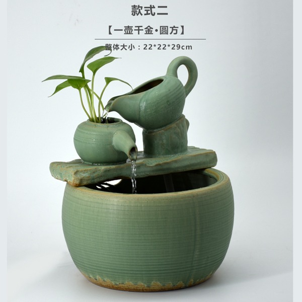 5Cgo 541617245649 陶瓷噴泉流水擺件客廳辦公室門市收銀台桌面招財風水輪創意流水器養魚缸水槽加濕葫蘆茶壺 圓形 AGL89100