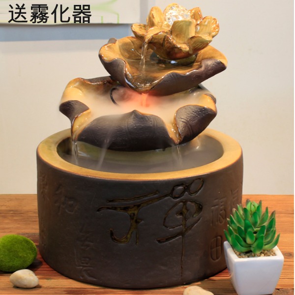5Cgo 523169572083 流水擺件紫砂陶瓷仿石頭噴泉家居客廳辦公室會客大廳咖啡館餐廳蓮花荷葉含水晶球送霧化器 水槽38*39cm AGL69600