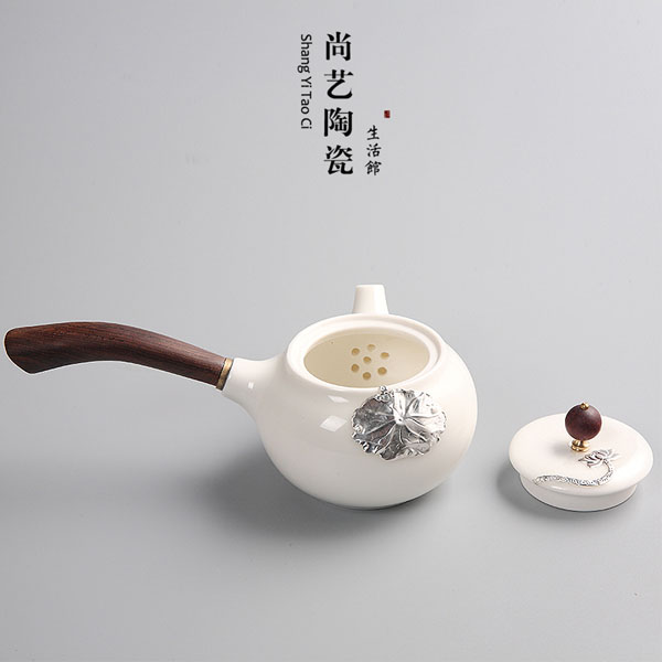 5Cgo 544541676199 玉白釉手工鑲銀陶瓷茶壺茶杯泡茶茶盤茶海日式側把壺過濾功夫茶具泡茶木柄白瓷單壺  HJT85200