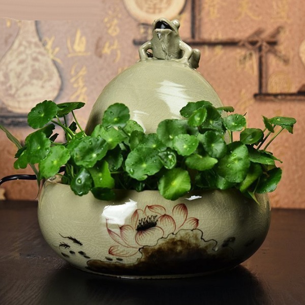 5Cgo 526292225523 陶瓷手繪荷花噴泉流水擺飾客廳電視櫃加濕器裝飾品收銀台門市餐廳復古開片青蛙水池荷塘蛙趣 水槽直徑21高26cm AGL85300