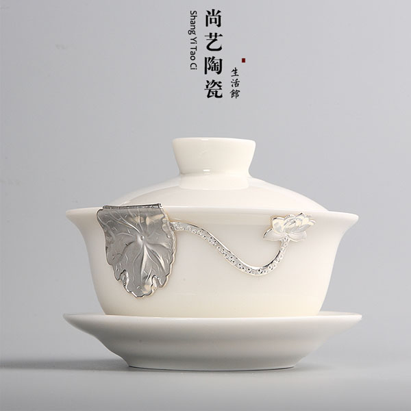 5Cgo 544102361566 玉白釉手工鑲嵌銀陶瓷白玉瓷三才蓋碗泡茶器功夫茶具泡茶茶道配件白瓷大號泡茶碗 HJT83100