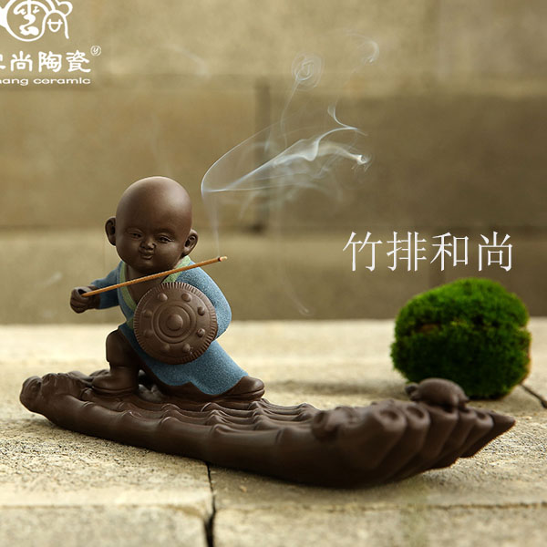 5Cgo 527656248467 紫砂香爐線香座茶藝茶道茶壺茶杯茶海香托插香器家居裝飾品擺件陶瓷可愛小和尚創意香插 HJT85100