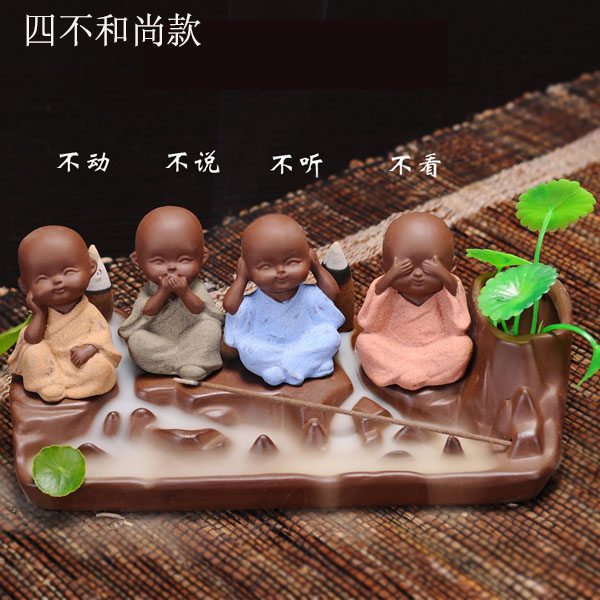 5Cgo 539311778685 紫砂倒流香爐香道熏香四不小和尚陶瓷創意擺件茶道安神香禪香香薰爐線香插香座居室 HJT85000