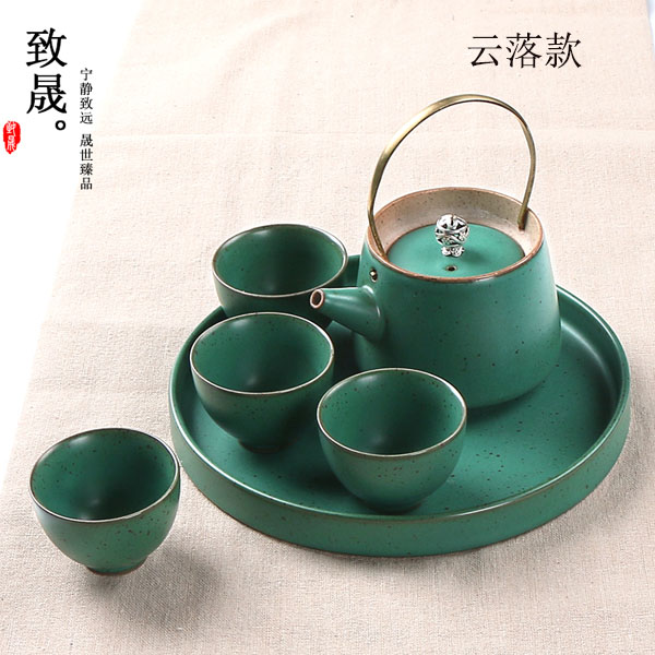 5Cgo 541777201908 粗陶茶具套裝茶壺茶杯茶海功夫茶泡茶整套陶瓷汝窯窯變功夫茶具辦公手工提梁茶壺茶  HJT68100