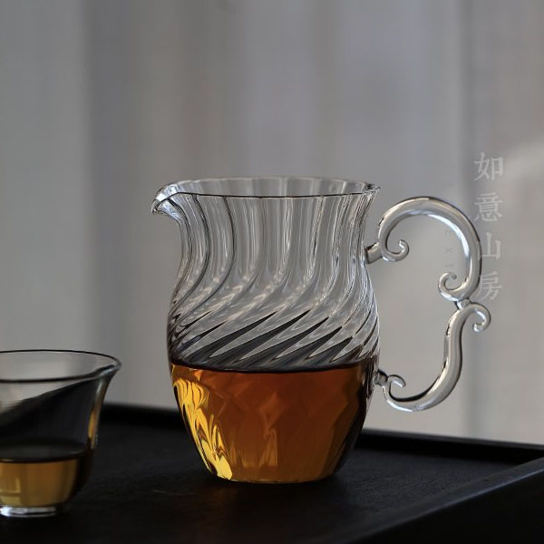 5Cgo 538174025287 日式水上龍太螺紋玻璃公道杯茶壺茶杯泡茶茶道水波紋公杯手工帶把手大勻杯功夫茶具 HJT02100