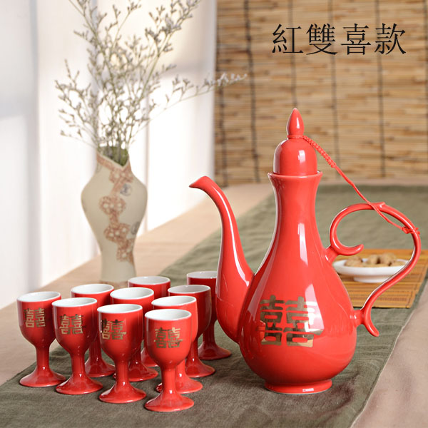5Cgo 520002123932 婚慶家宴酒具紅色酒壺酒杯結婚宴客婚禮飯桌必備一壺十杯一桌套裝酒盅敬酒杯品酒小酌白酒杯 HJT99000