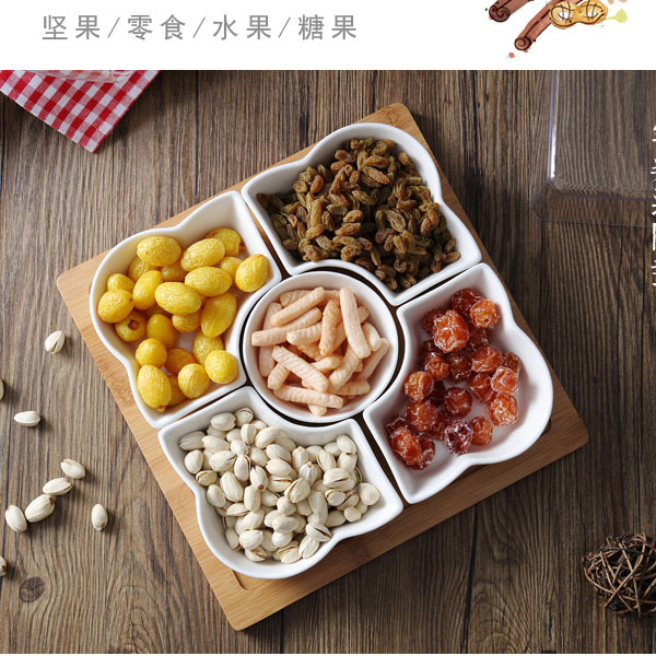 5Cgo 43103014825 簡約帶蓋幹果盤茶點盤泡茶茶道陶瓷零食糖果新年分格瓜子堅果盒家居水果盤小號 HJT86000