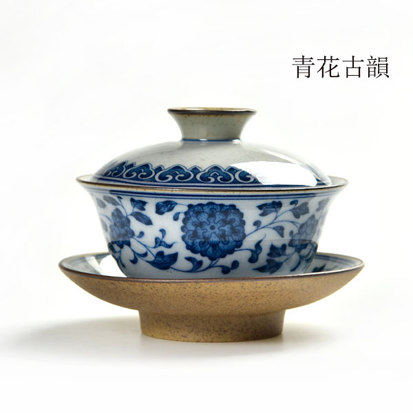 5Cgo 522223577970 粗陶青花蓋碗茶壺茶杯泡茶茶具仿古開片三才碗茶碗茶備敬茶碗三才杯功夫茶蓋碗  HJT04000