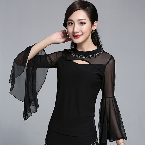 5Cgo 557723253267  新款女舞蹈服裝成人摩登舞衣長袖女國標舞黑色練功服荷葉袖    GSX80100