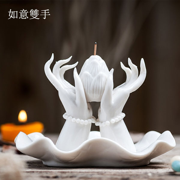 5Cgo  552330672003 拈花一笑白瓷吉祥手蓮花茶壺茶杯泡茶茶海香插創意陶瓷佛手線香爐茶道臥香爐 HJT86000