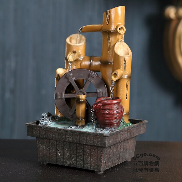 5Cgo 19161926133 小型桌面家居裝飾品擺件樹脂竹子藝流水噴泉工藝品水車風水輪水景擺設中式節節高升 AGL99000