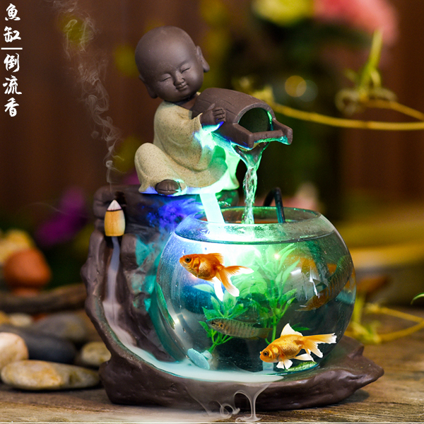 5Cgo 557024039375 陶瓷桌面流水噴泉養魚缸加濕器擺件家居裝飾風水輪小沙彌創意擺設計倒流香流水器禪意不聽不說不看 CHX99100