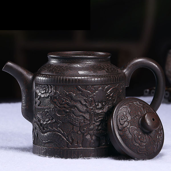 5Cgo 561890848720 茗茶藝壺宜興紫砂壺名家茶壺茶杯泡茶茶海茶玩純全手工原礦黑金砂浮雕金鍾泡茶壺茶具 HJT08710