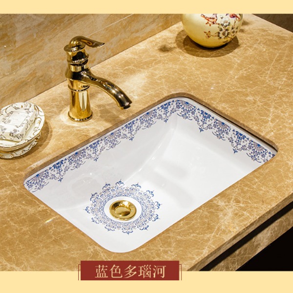 5Cgo 54417920689 青花瓷藍色多惱河長方形臺下盆檯下盆陶瓷洗臉盆嵌入式洗手盆衛生間廁所洗面盆洗手池水槽藝術盆三種尺寸-21寸 AGL8820
