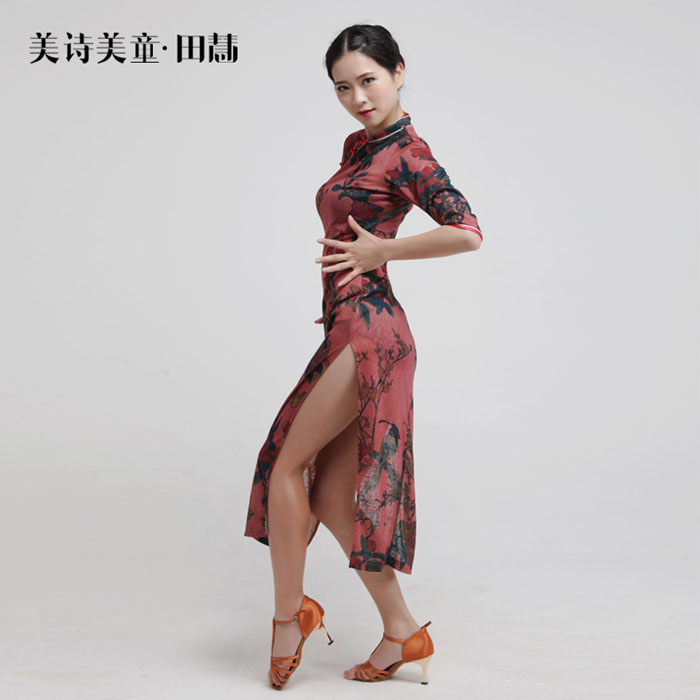 5Cgo 564285971065 美詩美童田慧中國風高彈印花針織成人女拉丁舞恰恰舞練習服旗袍表演服 HJT85100