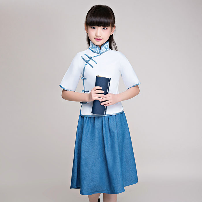 5Cgo 522736213738 民國風兒童古裝漢服女童六一民國上衣裙子學生裝五四青年運動會班服大合唱演出服裝 HJT80100