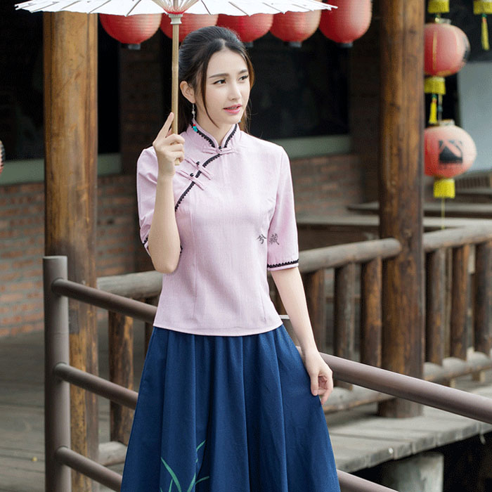 5Cgo 564165072399 夏季茶服女棉麻修身茶藝服裝中國風女裝茶道香道撫琴中式盤扣上衣短袖改良唐裝 HJT88100