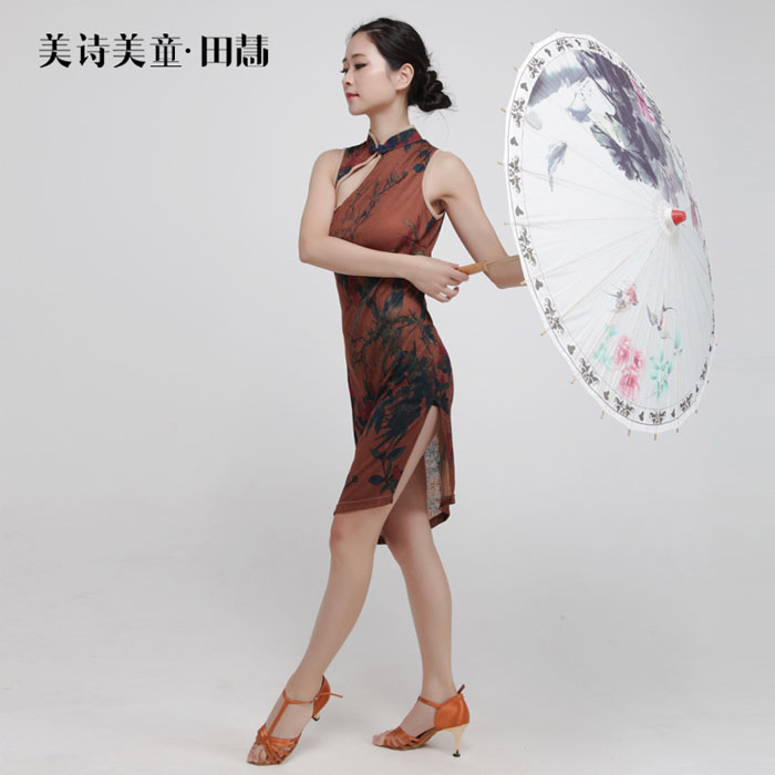 5Cgo 564285747802 美詩美童田慧新款無袖鏤空中國風摩登舞無袖成人女拉丁舞旗袍練習表演服H1152  HJT43200