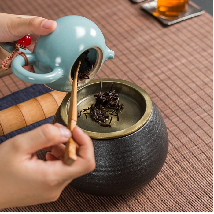 5Cgo 556229800099 竹影建水粗陶功夫茶具茶道茶水桶茶渣桶陶瓷乾泡銅盤瀝水茶洗廢茶葉桶茶盤茶桌必備 AGL26000