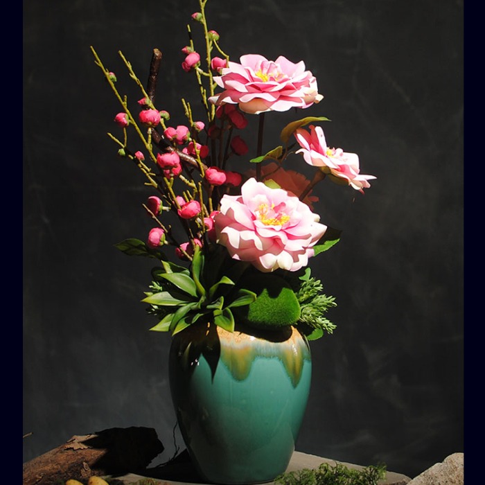 5Cgo 549541382424 清新山茶花報喜梅花玫瑰花樹枝仿真花套裝絹花客廳玄關沙發假花裝飾品花藝人造花乾燥花含陶瓷花瓶AGL05100